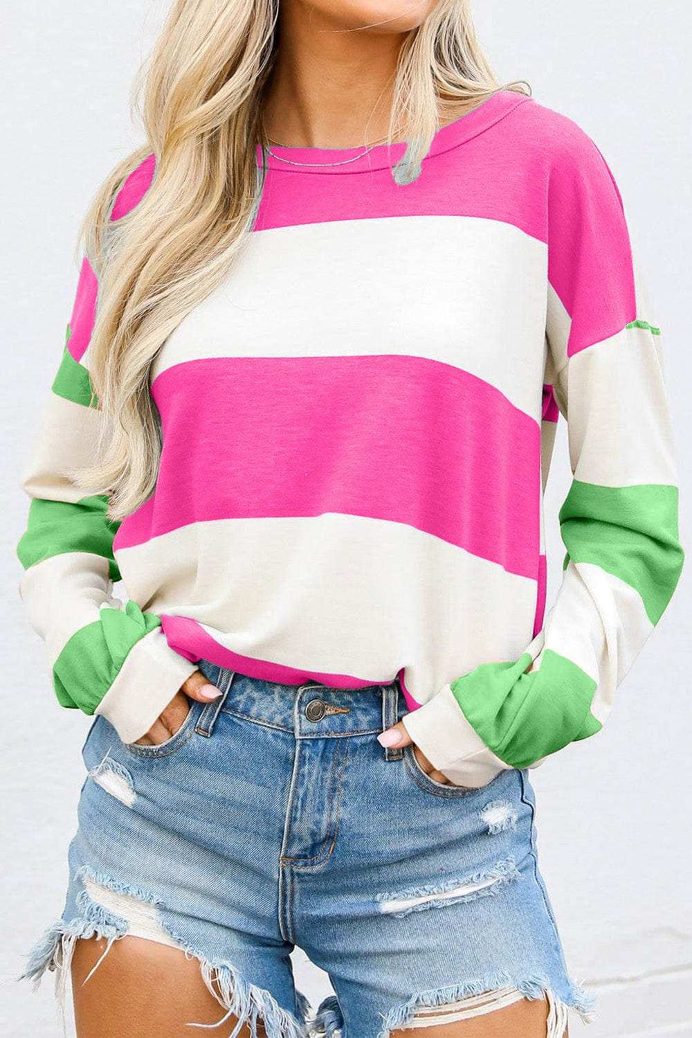 Contrast Color Block Round Neck Long Sleeve Top - Trendsi - Flyclothing LLC