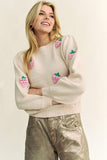 Davi & Dani Crochet Strawberry Round Neck Sweater - Trendsi
