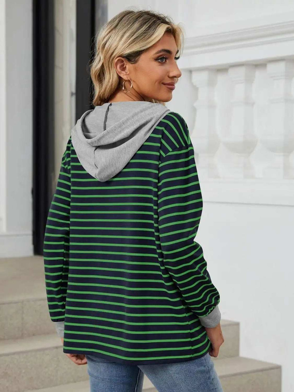 Drawstring Striped Long Sleeve Hoodie - Trendsi - Flyclothing LLC