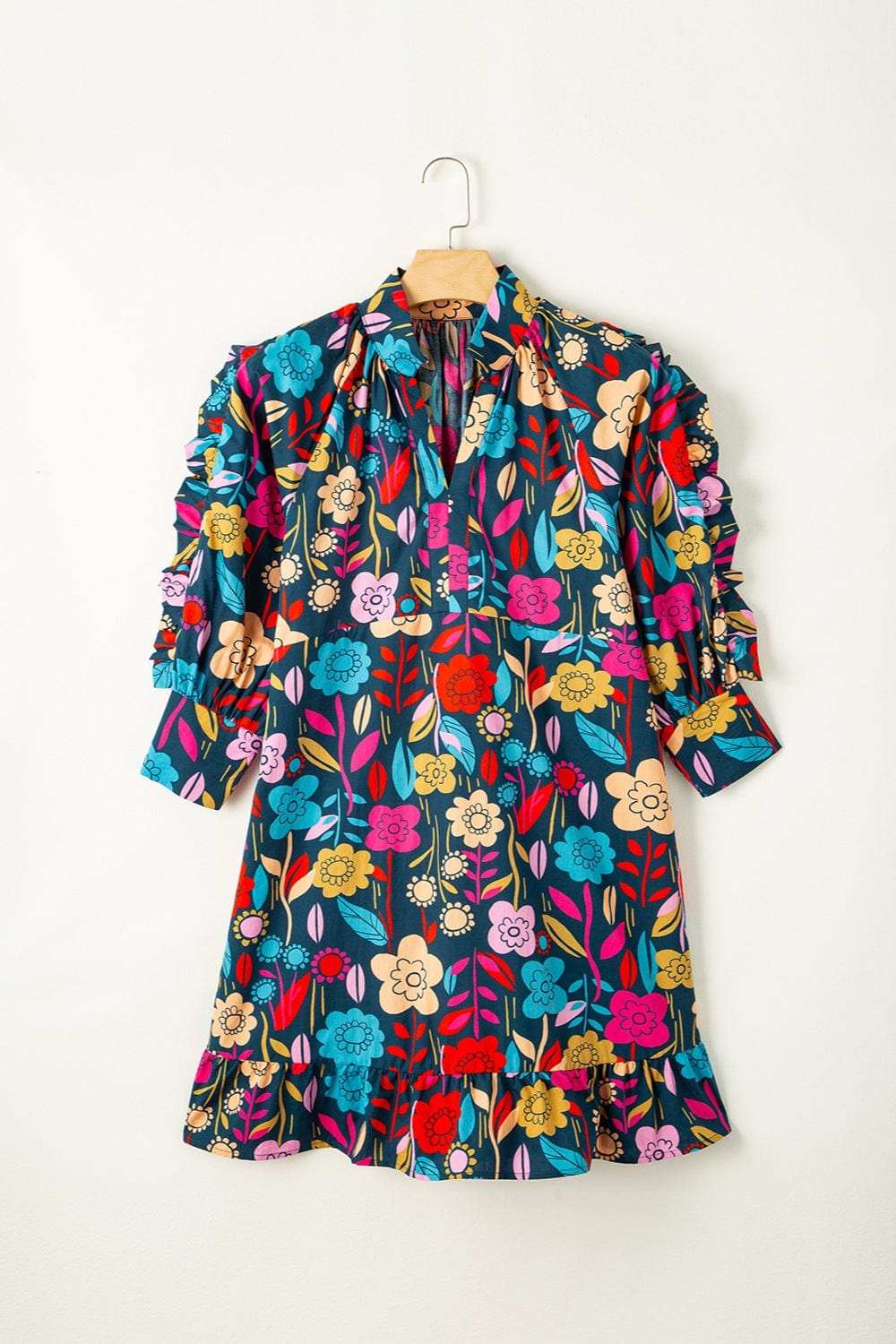 Printed Notched Lantern Sleeve Mini Dress - Trendsi - Flyclothing LLC