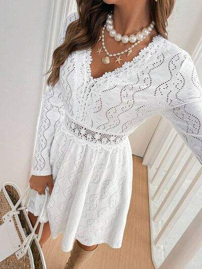 Lace Detail V Neck Long Sleeve Mini Dress - Trendsi - Flyclothing LLC
