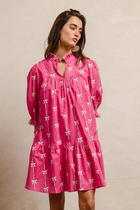 BiBi Ribbon Patterns With Scallops Edge Details Short Sleeve Dress - Trendsi - Flyclothing LLC