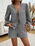 Tied Long Sleeve Top and Shorts Set - Trendsi - Flyclothing LLC