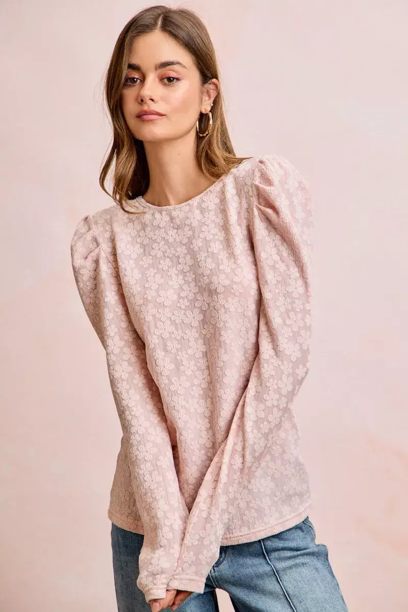 BiBi Textured Flower Knit Puff Shoulder Top - Trendsi - Flyclothing LLC
