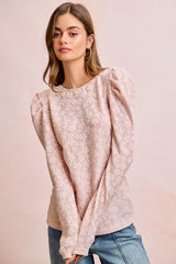 BiBi Textured Flower Knit Puff Shoulder Top - Trendsi - Flyclothing LLC