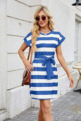 Tied Contrast Striped Short Sleeve Mini Tee Dress - Trendsi - Flyclothing LLC