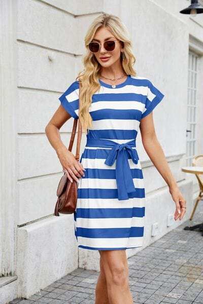 Tied Contrast Striped Short Sleeve Mini Tee Dress - Trendsi - Flyclothing LLC