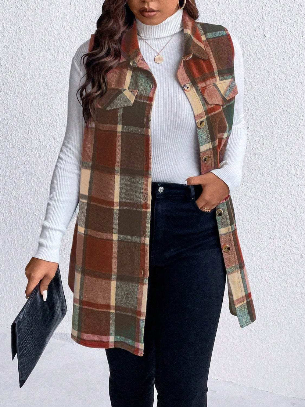 Honey Plus Size Pocketed Plaid Button Up Vest Coat - Trendsi - Flyclothing LLC
