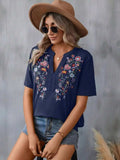 Embroidered Notched Short Sleeve T-Shirt - Trendsi - Flyclothing LLC