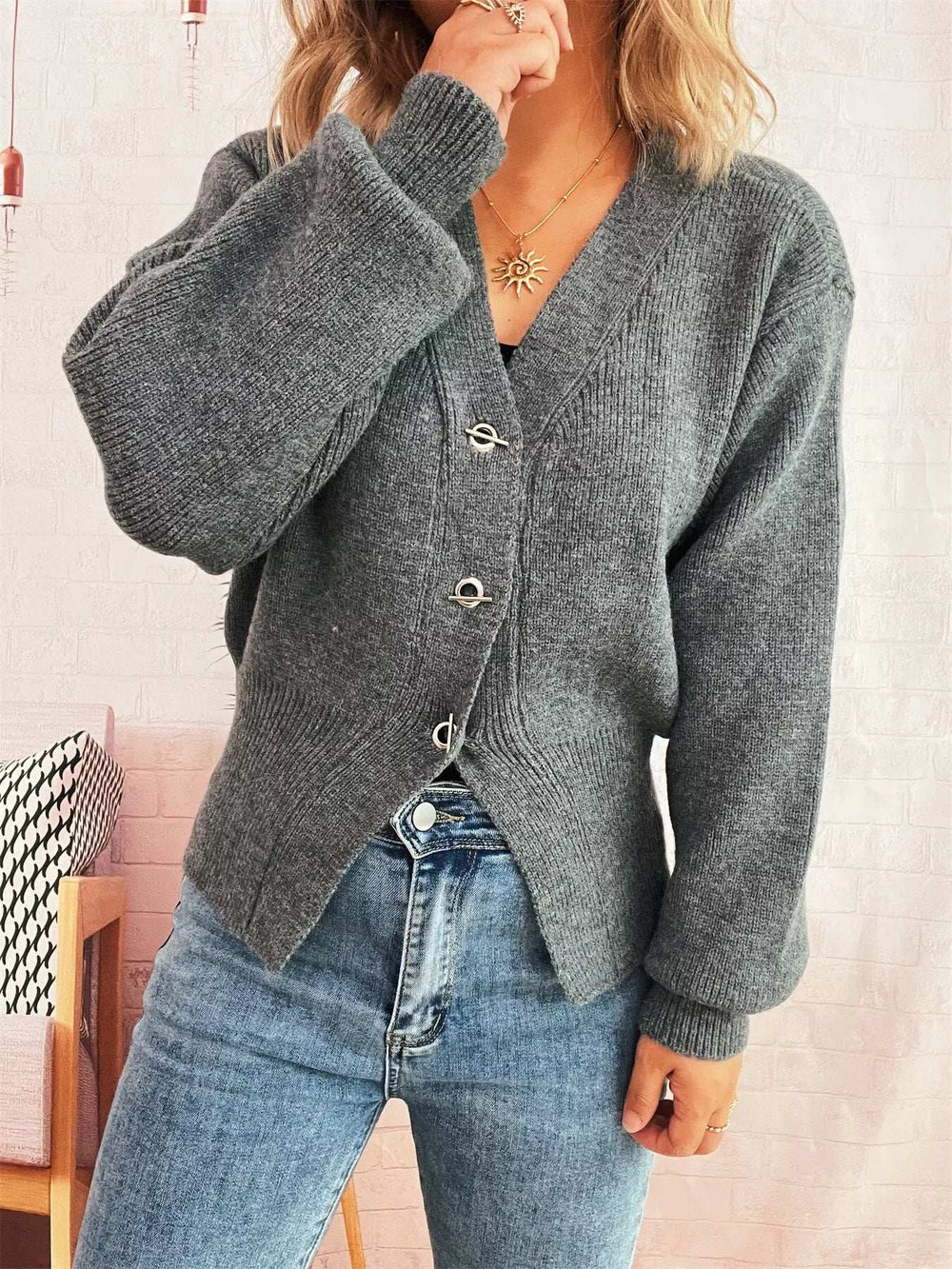 Button Up Long Sleeve Cardigan - Trendsi - Flyclothing LLC