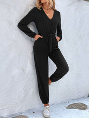 Long Sleeve Tie Waist Jumpsuit - Trendsi