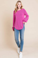 BOMBOM Long Sleeve Curved Hem Ribbed T-Shirt - Trendsi - Flyclothing LLC