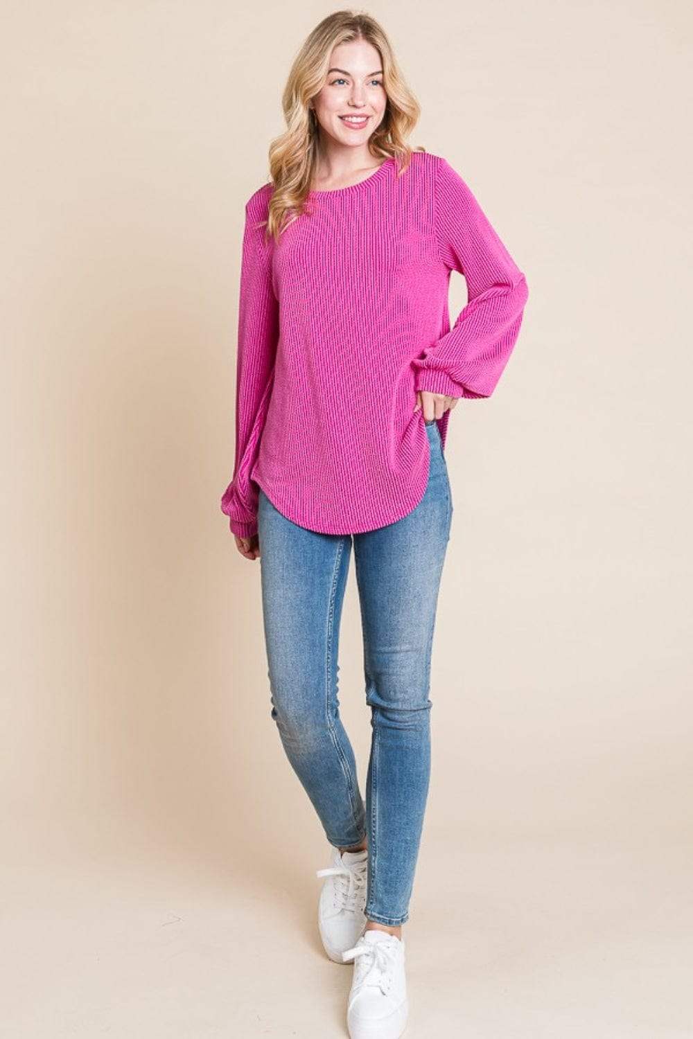 BOMBOM Long Sleeve Curved Hem Ribbed T-Shirt - Trendsi - Flyclothing LLC