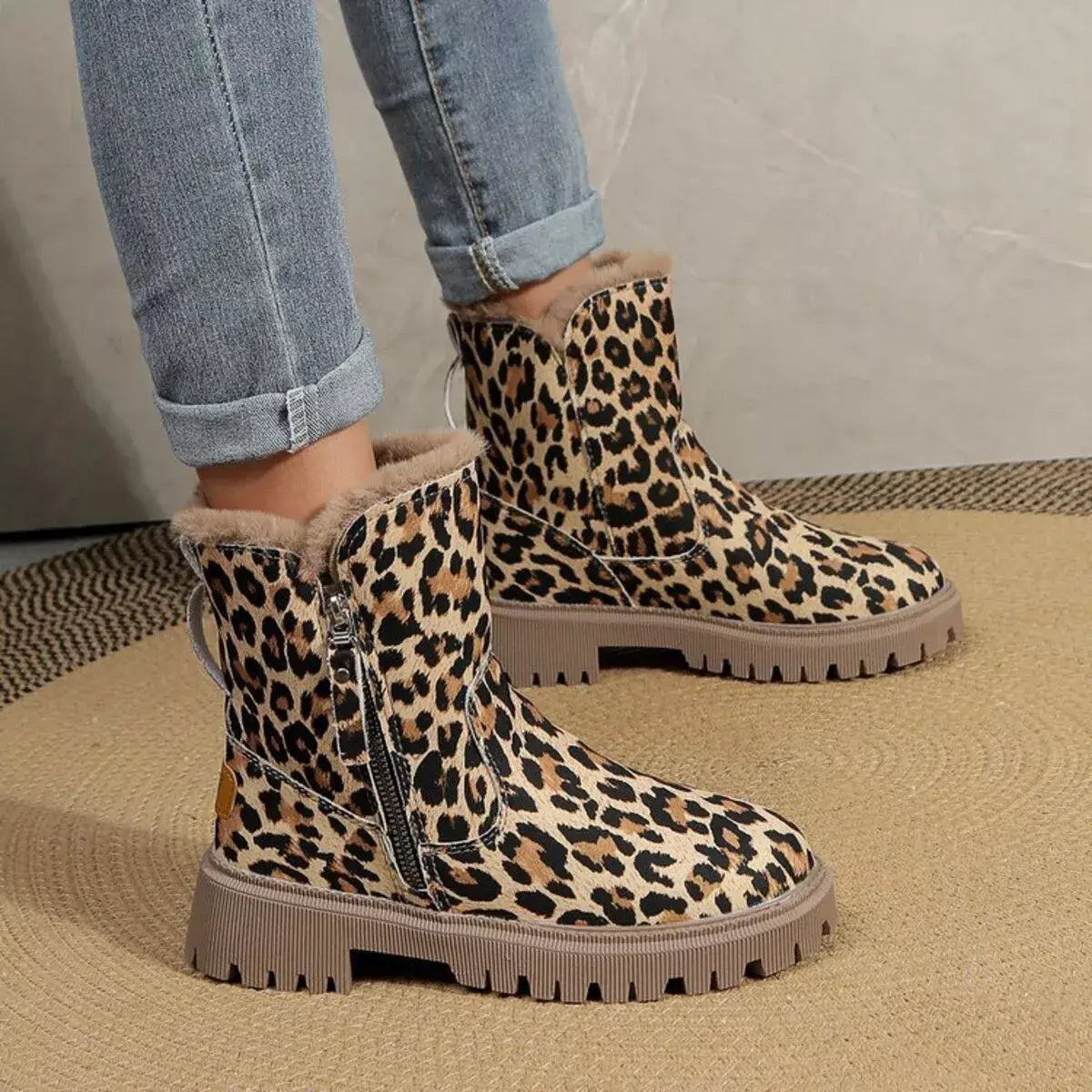 Leopard Print Fur Lined Ankle Boots - Trendsi - Flyclothing LLC