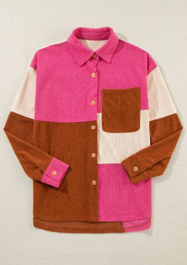 Color Block Curved Hem Corduroy Shacket with Pocket - Trendsi - Flyclothing LLC