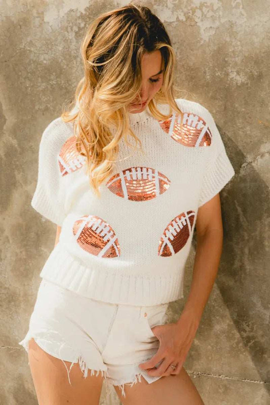BiBi Gameday Sequin Football Patches Rib Banded Sweater - Trendsi - Flyclothing LLC