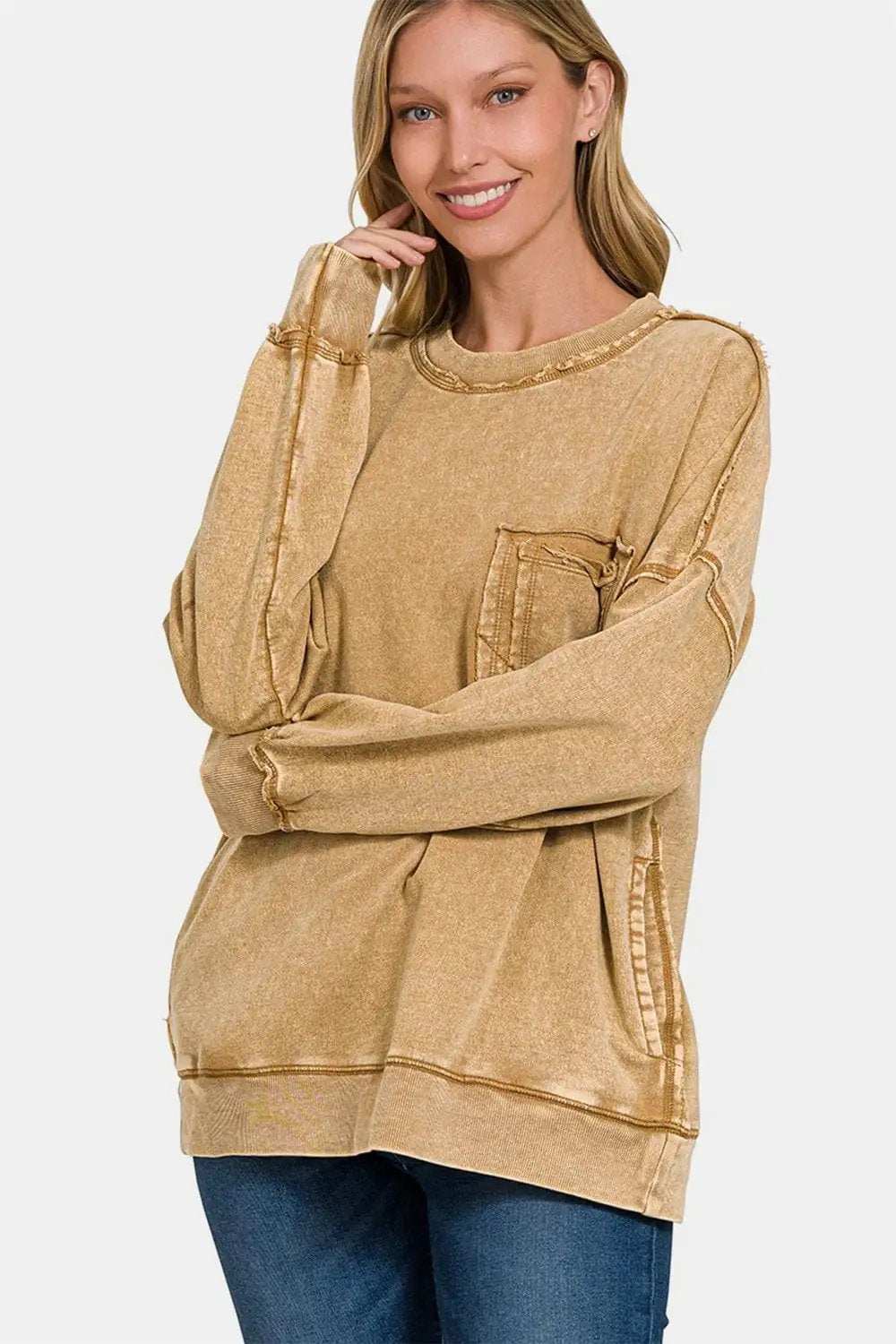 Zenana Exposed Seam Round Neck Dropped Shoulder Sweatshirt - Trendsi - Flyclothing LLC