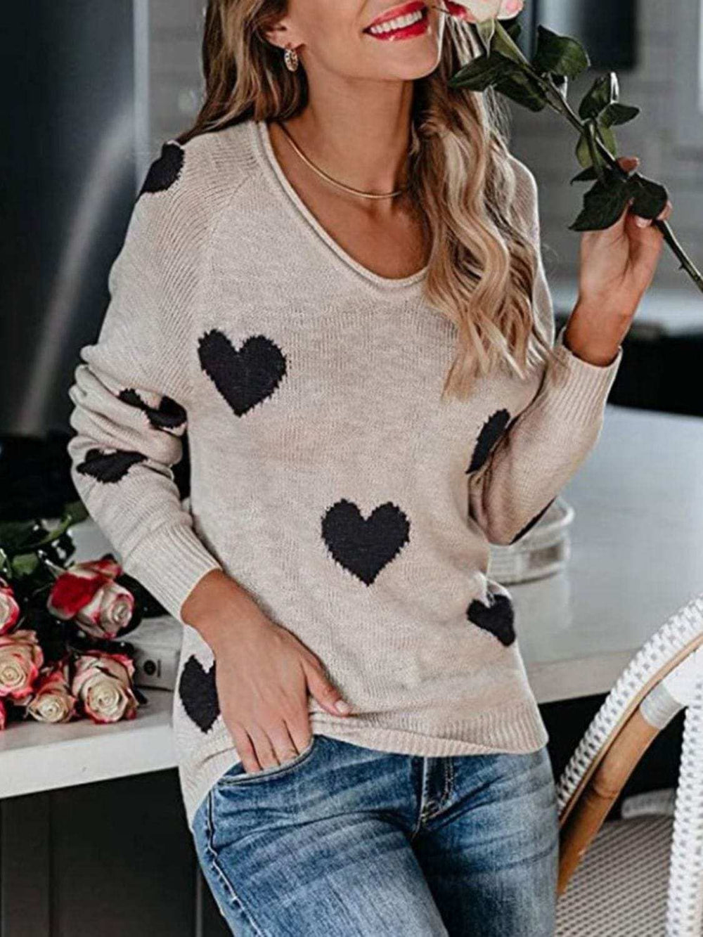 Heart Scoop Neck Long Sleeve Sweater - Trendsi - Flyclothing LLC