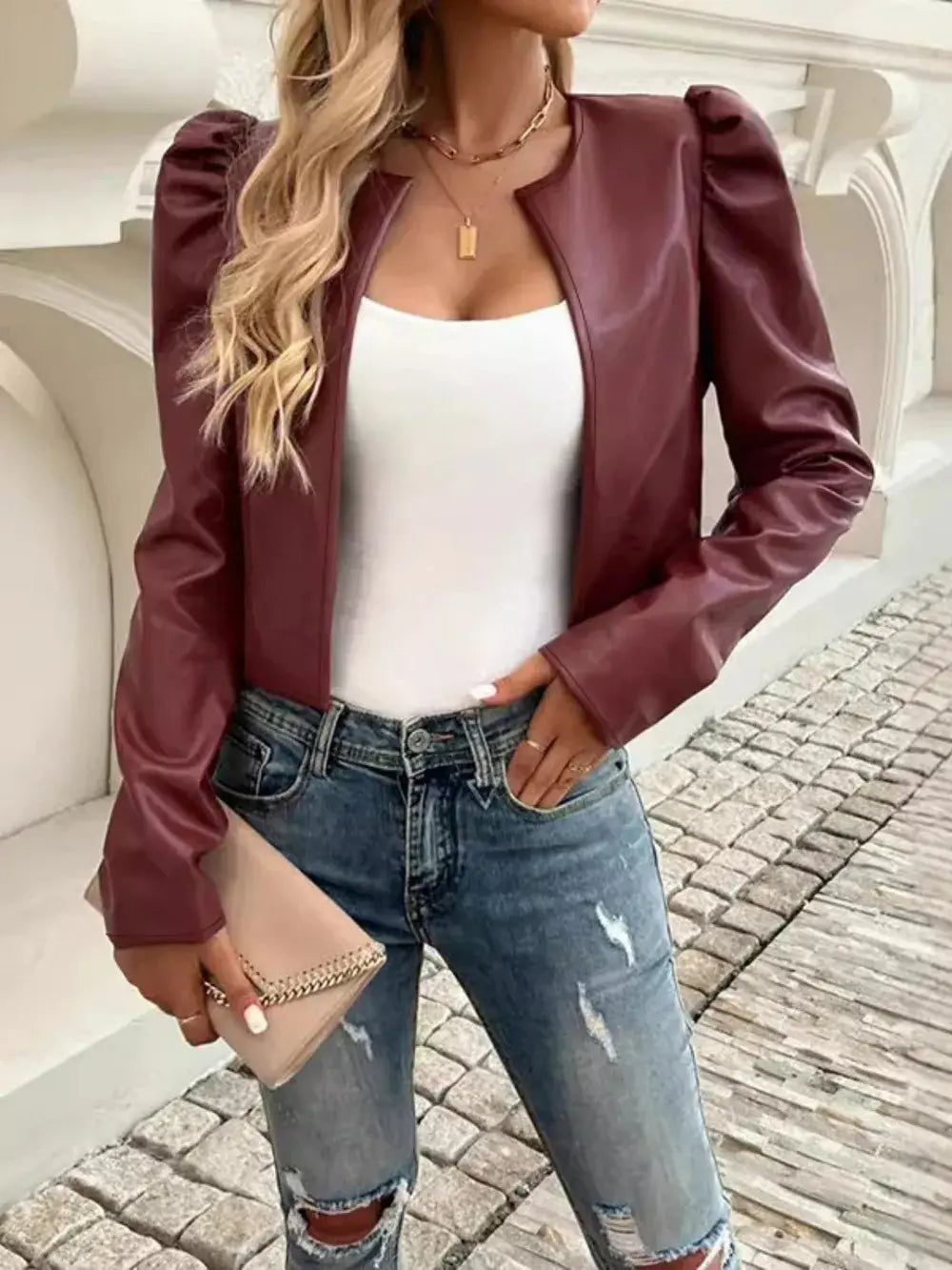 PU Leather Open Front Puff Sleeve Jacket - Trendsi - Flyclothing LLC
