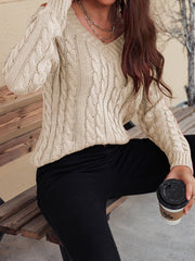 Honey Cable-Knit V-Neck Cold Shoulder Sweater - Trendsi
