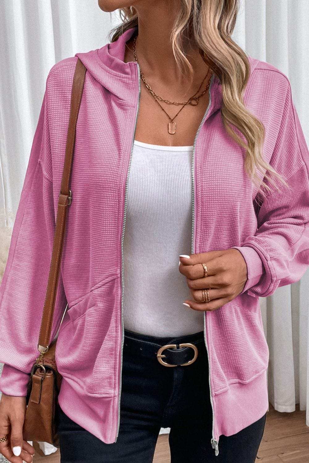 Waffle-Knit Pocketed Zip Up Hooded Jacket - Trendsi - Flyclothing LLC