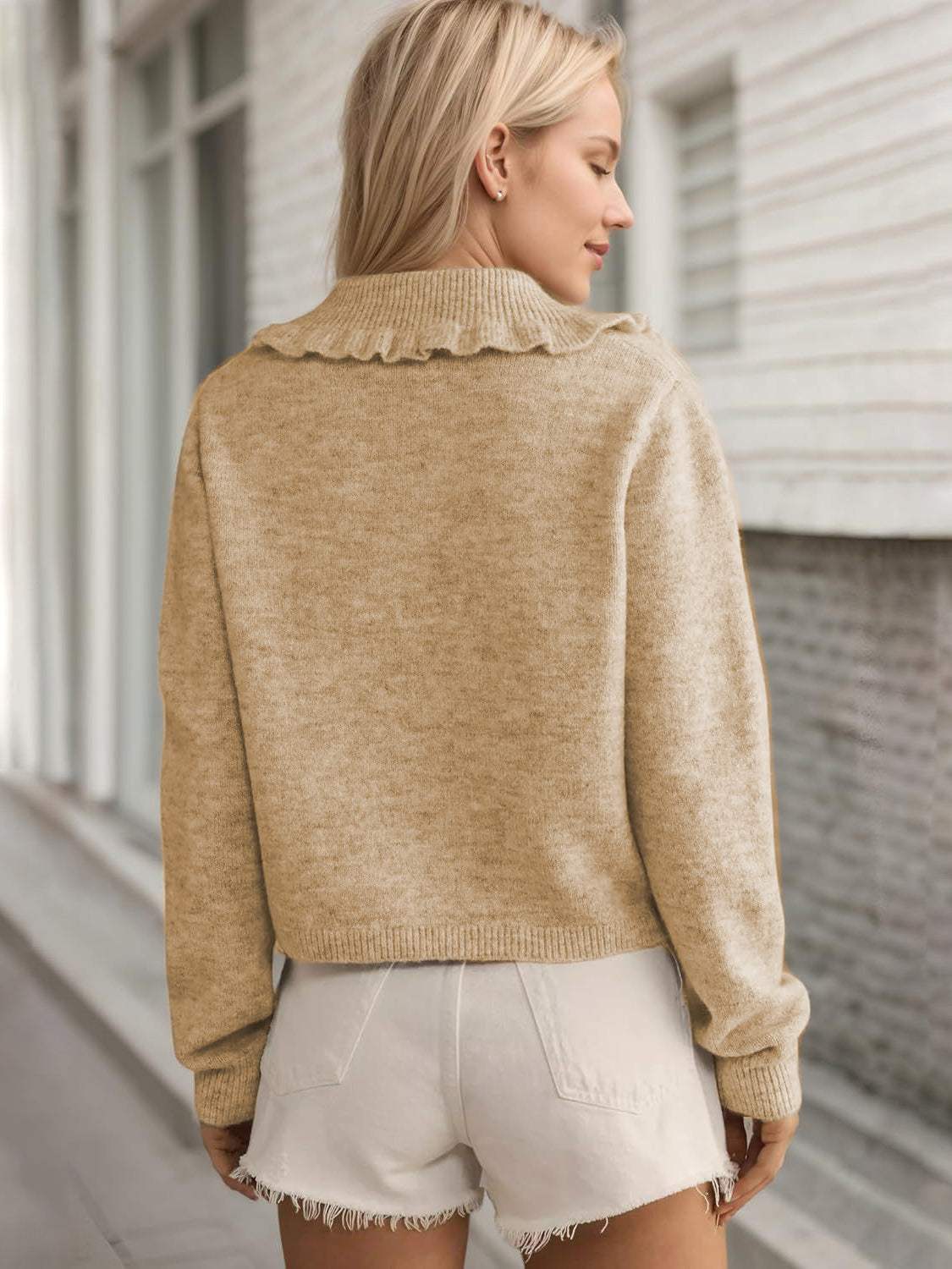 Frill Button Up Collared Neck Long Sleeve Cardigan - Trendsi - Flyclothing LLC
