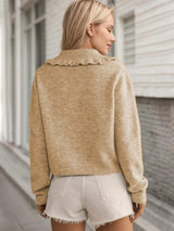 Frill Button Up Collared Neck Long Sleeve Cardigan - Trendsi - Flyclothing LLC