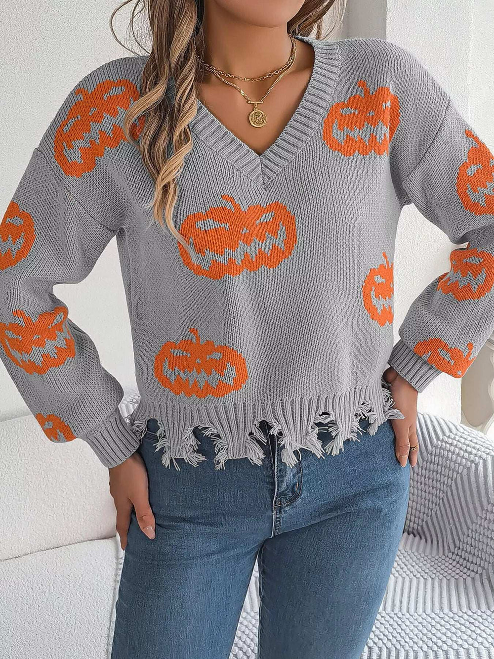 Halloween Pumpkin Pattern Raw Hem V-Neck Sweater - Trendsi - Flyclothing LLC