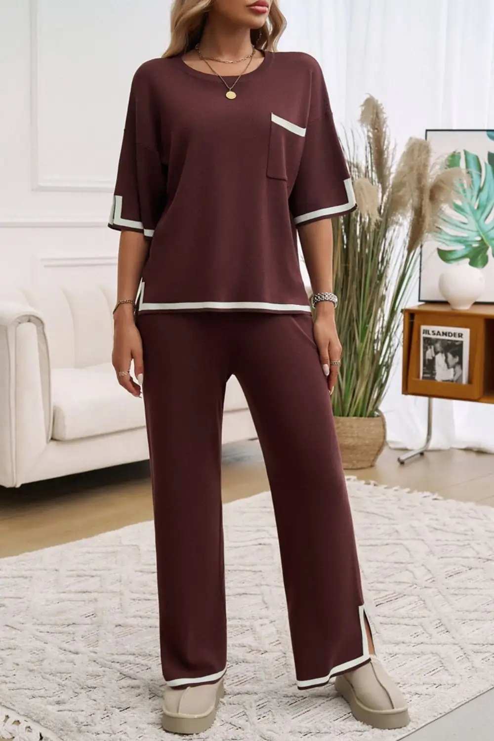 Devine Contrast Trim Half Sleeve Top and Pants Set - Trendsi - Flyclothing LLC
