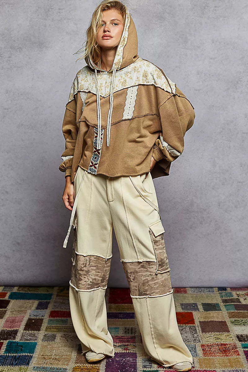 POL Drawstring French Terry Hoodie with Gauze Print Patch - Trendsi - Flyclothing LLC