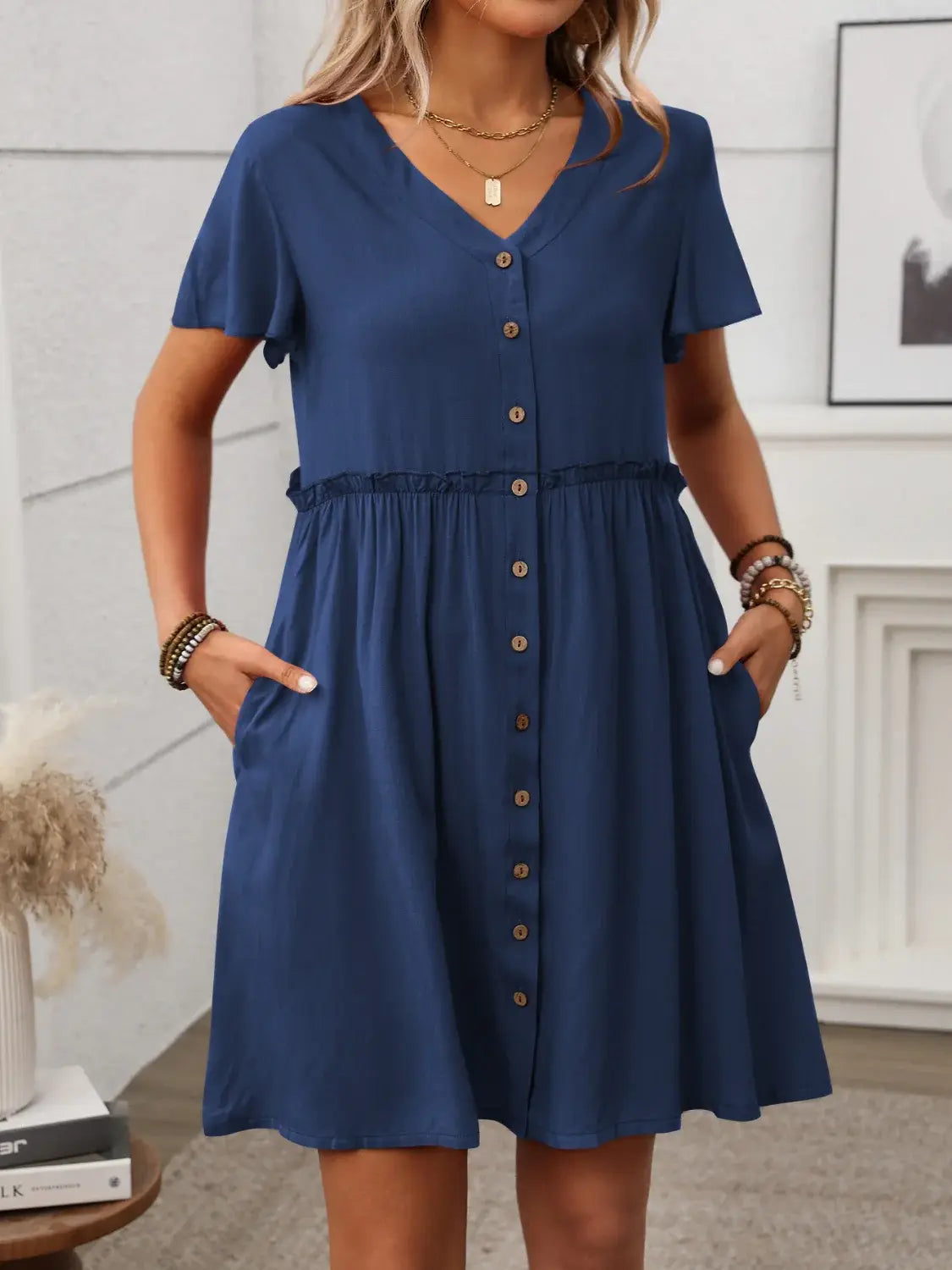 Button Front Flutter Sleeve Dress - Trendsi - Flyclothing LLC