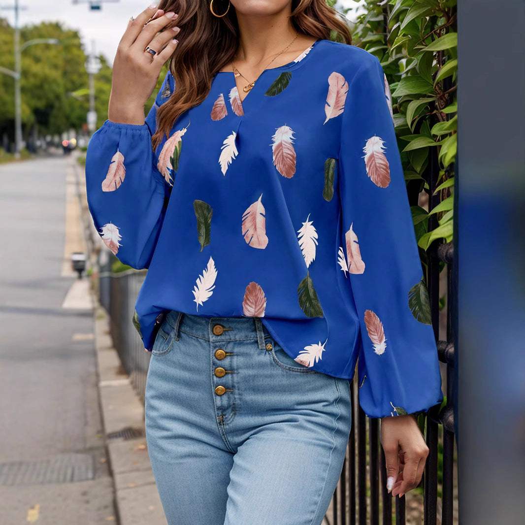 Feather Print Notched Balloon Sleeve Top - Trendsi - Flyclothing LLC