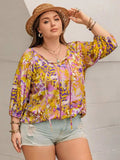 Plus Size Printed Tie Neck Blouse - Trendsi - Flyclothing LLC