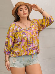 Plus Size Printed Tie Neck Blouse - Trendsi