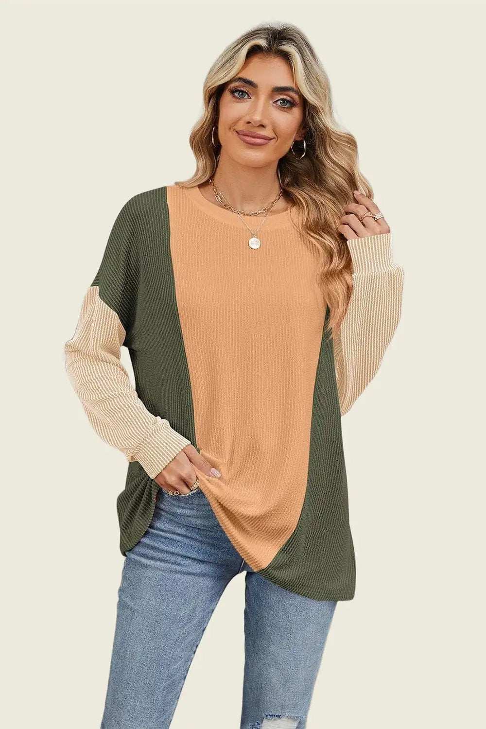 Double Take Texture Contrast Round Neck Long Sleeve T-Shirt - Trendsi - Flyclothing LLC