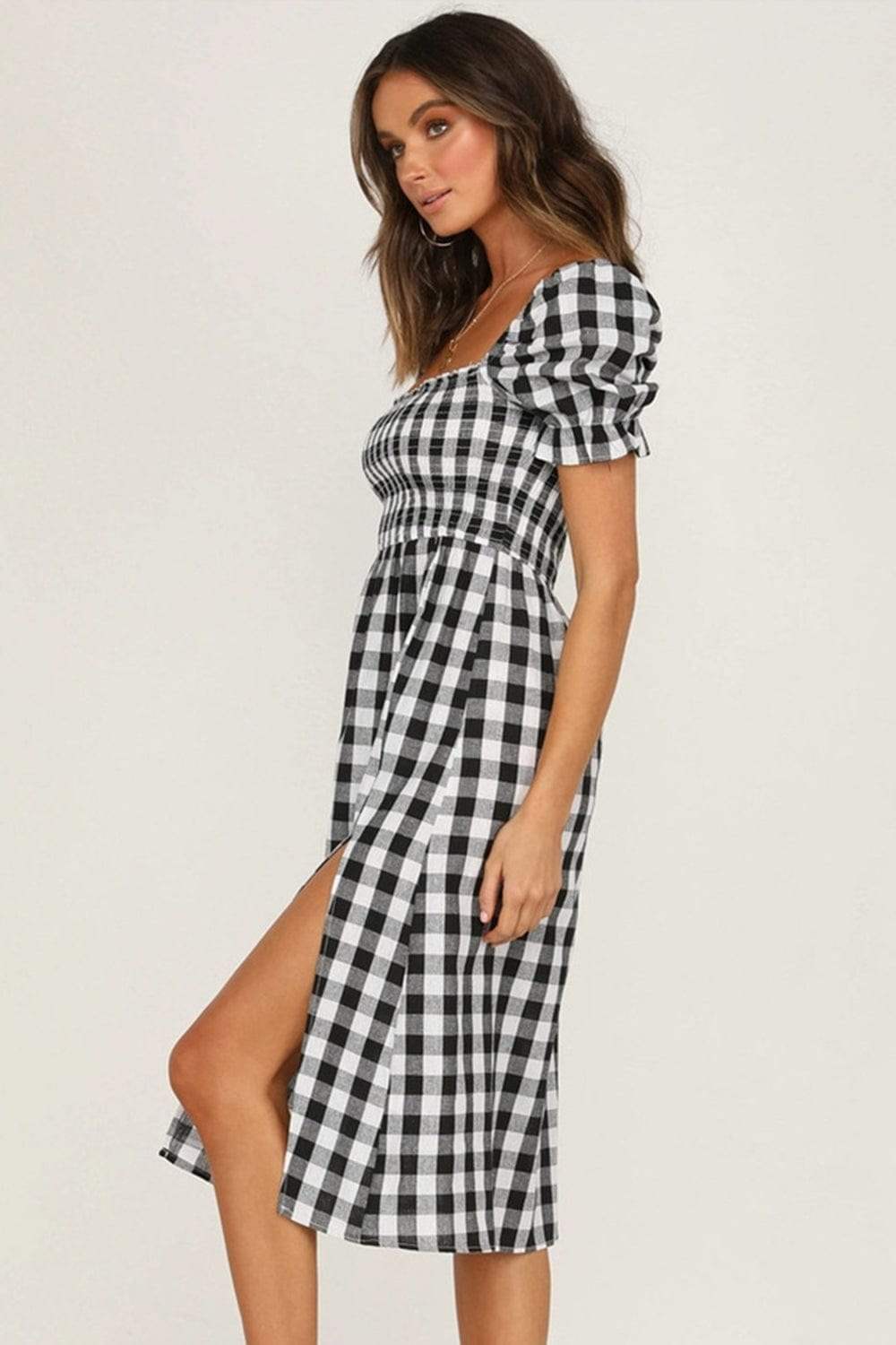 Full Size Slit Plaid Short Sleeve Midi Dress - Trendsi - Flyclothing LLC