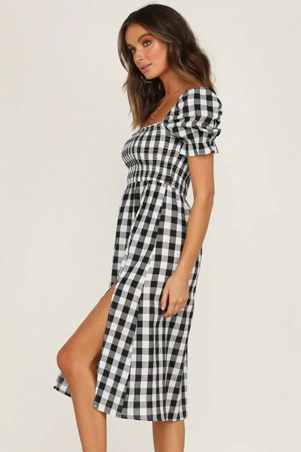 Full Size Slit Plaid Short Sleeve Midi Dress - Trendsi - Flyclothing LLC