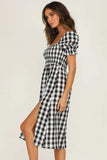 Full Size Slit Plaid Short Sleeve Midi Dress - Trendsi - Flyclothing LLC