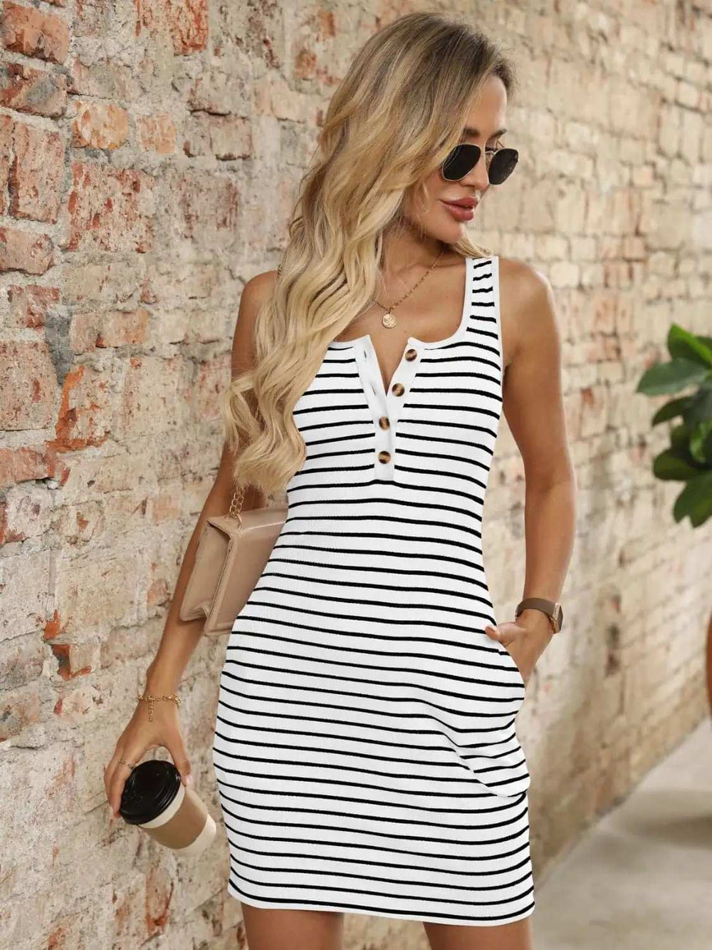 Striped Button Front Wide Strap Tank Dress - Trendsi - Flyclothing LLC