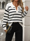 Striped Johnny Collar Long Sleeve Sweater - Trendsi