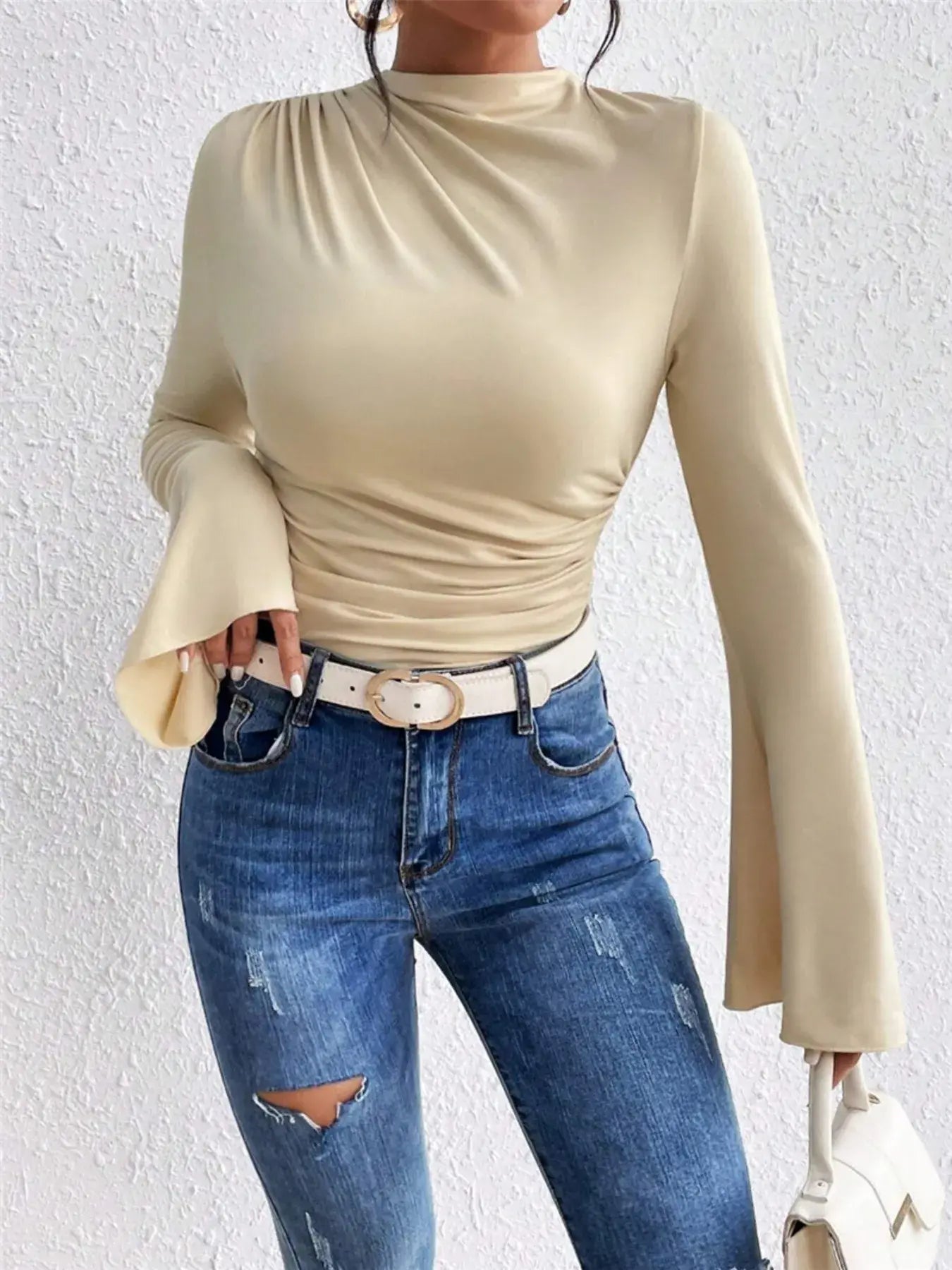 Bell Sleeve Ruched Fitted T-Shirt with Mock Neck - Trendsi - Flyclothing LLC