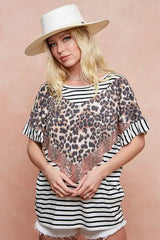 BiBi Stripe Rayon Span Knit Color Block Top With Leopard - Trendsi - Flyclothing LLC