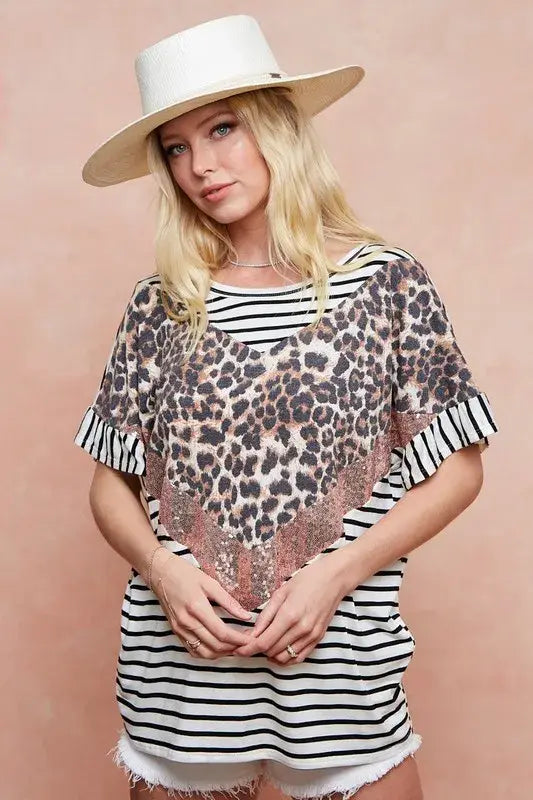 BiBi Stripe Rayon Span Knit Color Block Top With Leopard - Trendsi - Flyclothing LLC