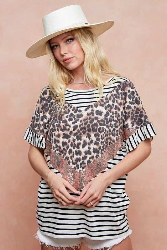 BiBi Stripe Rayon Span Knit Color Block Top With Leopard - Trendsi - Flyclothing LLC