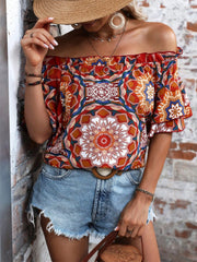 Printed Off-Shoulder Half Sleeve Blouse - Trendsi