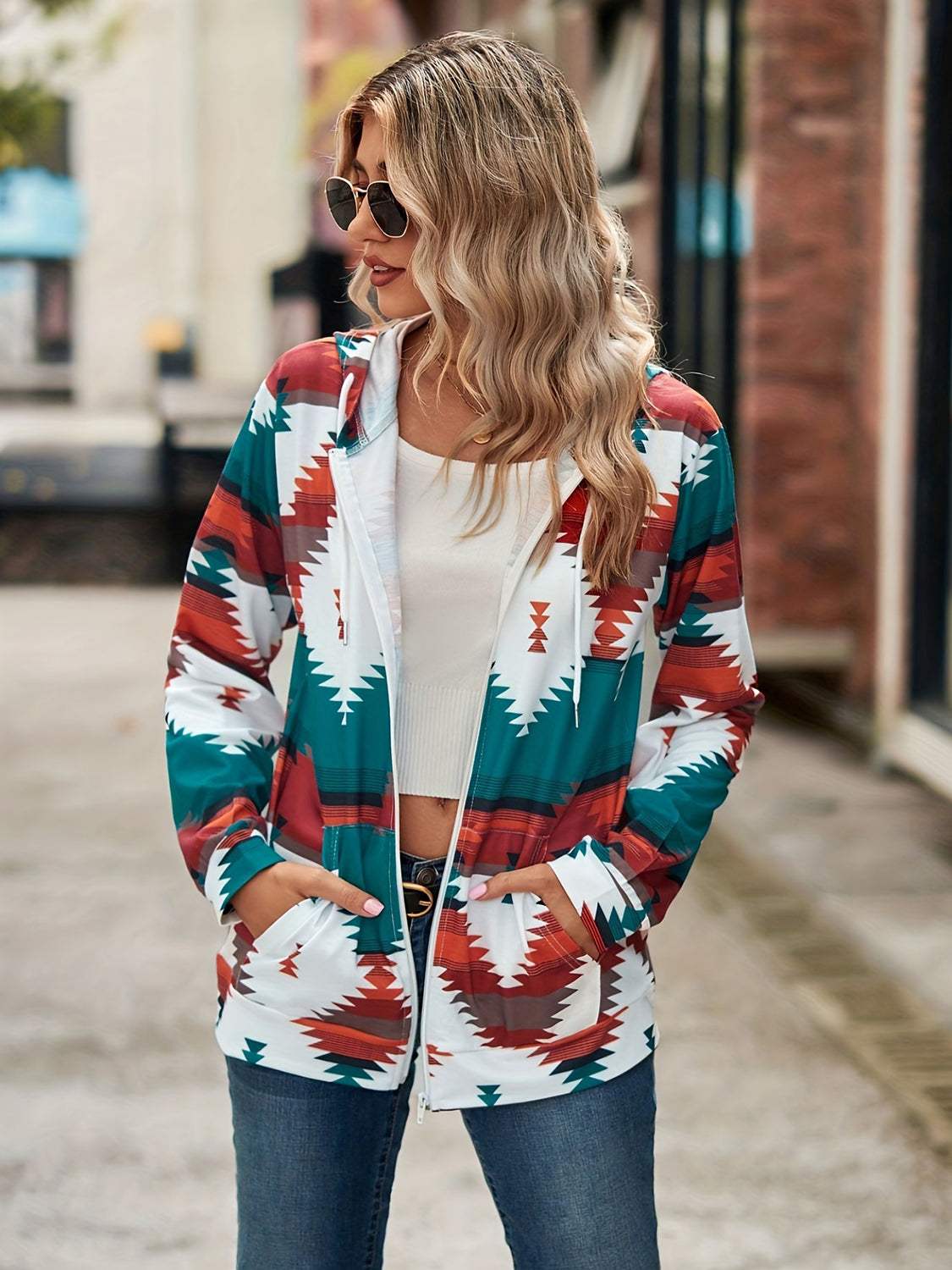 Geometric Zip Up Long Sleeve Hooded Jacket - Trendsi - Flyclothing LLC