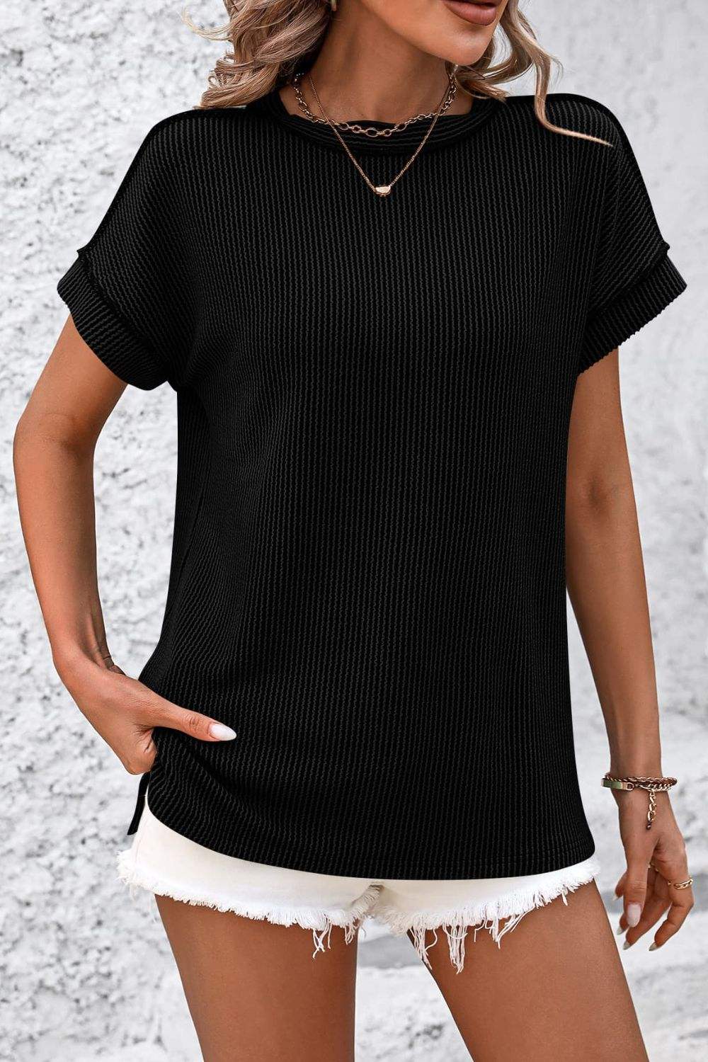 Striped Round Neck Short Sleeve T-Shirt - Trendsi - Flyclothing LLC