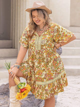 Plus Size Printed Tie Neck Short Sleeve Mini Dress - Trendsi - Flyclothing LLC