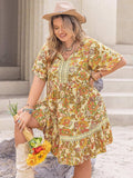 Plus Size Printed Tie Neck Short Sleeve Mini Dress - Trendsi - Flyclothing LLC