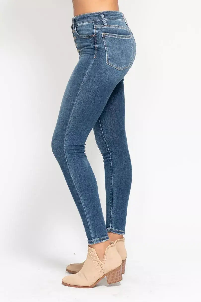 Judy Blue Full Size High Rise Button Fly Skinny Jeans Plus Size - Trendsi - Flyclothing LLC